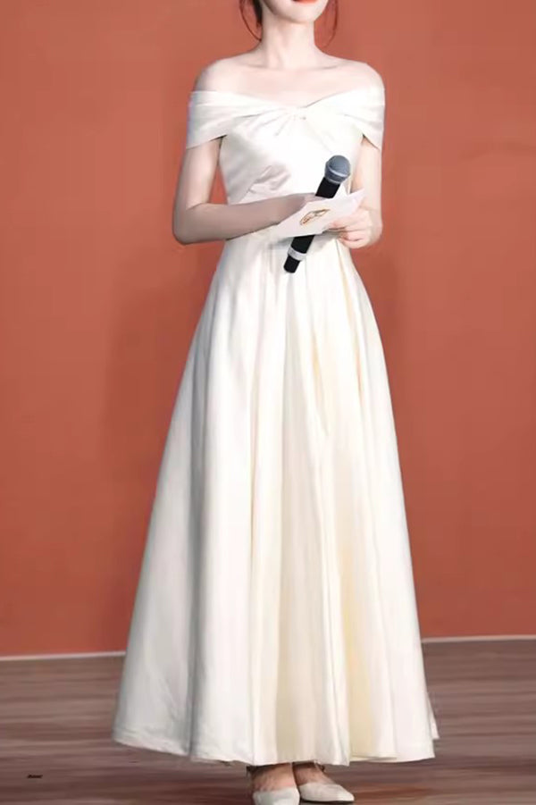 A-Line Ivory Off the Shoulder Ankle Length Long Prom Dress With Ruched