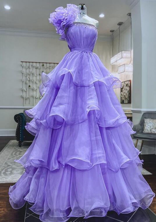 One Shoulder Lilac Ruffles Long Prom Dress With Beading, A Line Party Gown