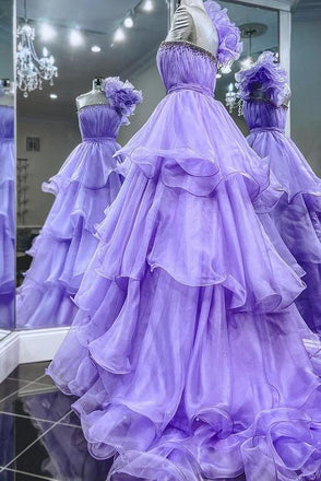 One Shoulder Lilac Ruffles Long Prom Dress With Beading, A Line Party Gown