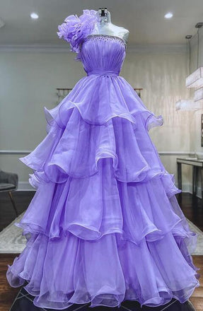One Shoulder Lilac Ruffles Long Prom Dress With Beading, A Line Party Gown