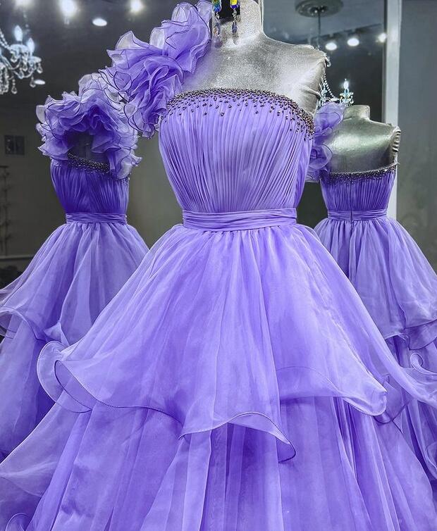 One Shoulder Lilac Ruffles Long Prom Dress With Beading, A Line Party Gown