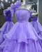 One Shoulder Lilac Ruffles Long Prom Dress With Beading, A Line Party Gown