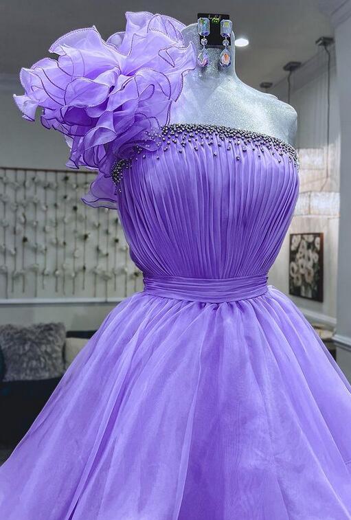 One Shoulder Lilac Ruffles Long Prom Dress With Beading, A Line Party Gown