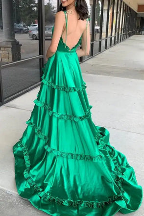 Spaghetti Straps Green V-neck Prom Dress A-line Slit Evening Dress with Ruched