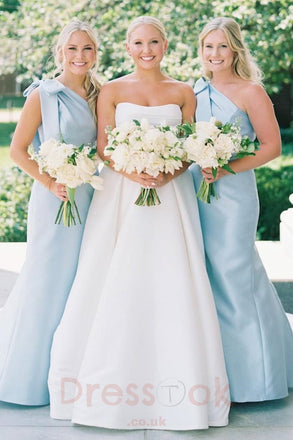Mermaid Light Blue One Shoulder Long Bridesmaid Gowns with Bow