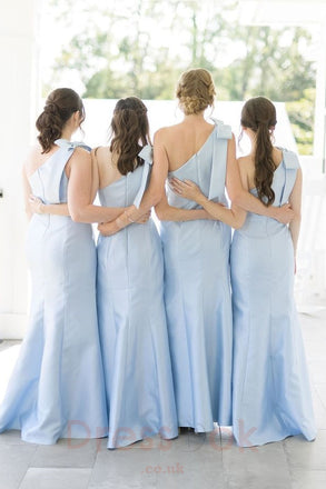Mermaid Light Blue One Shoulder Long Bridesmaid Gowns with Bow
