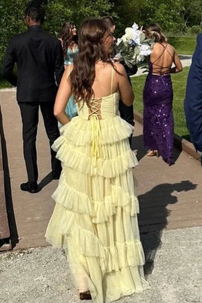 Elegant Spaghetti Straps Yellow A Line Tulle Dress Long Formal Dress with Tiered