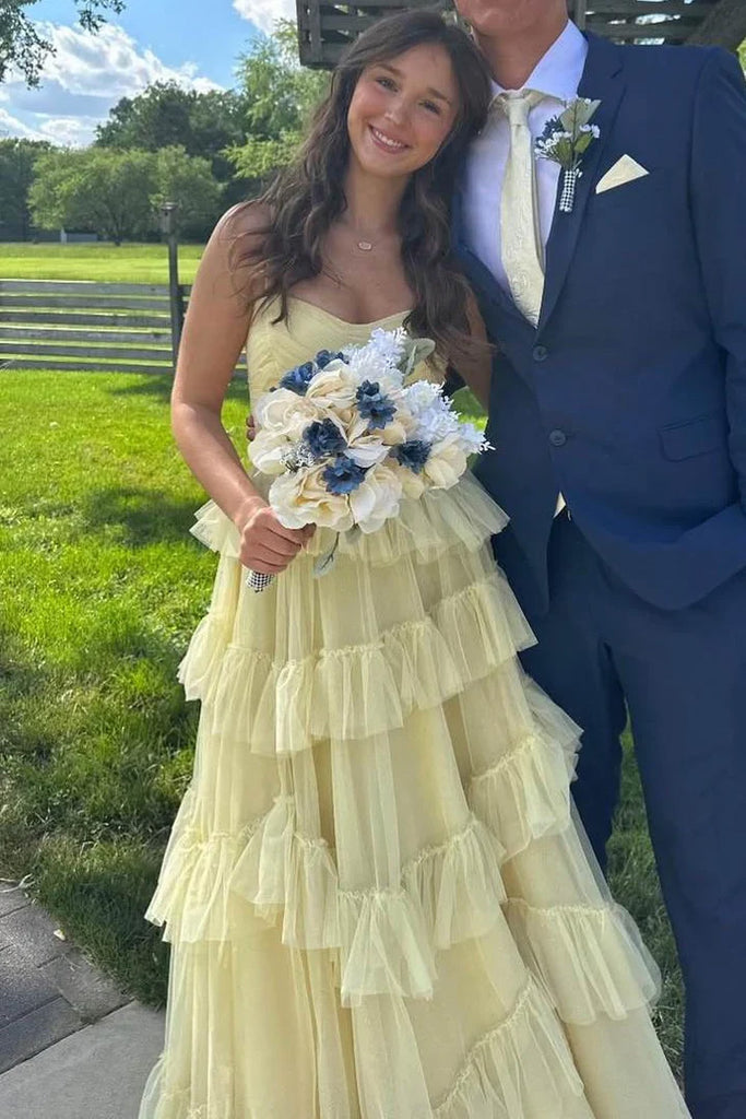 Elegant Spaghetti Straps Yellow A Line Tulle Dress Long Formal Dress with Tiered