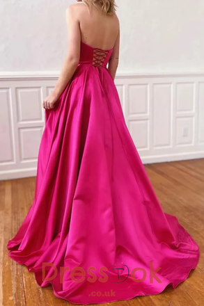 Gorgeous Strapless Fuchsia Pink Satin Long Formal Dress with Slit Pocket