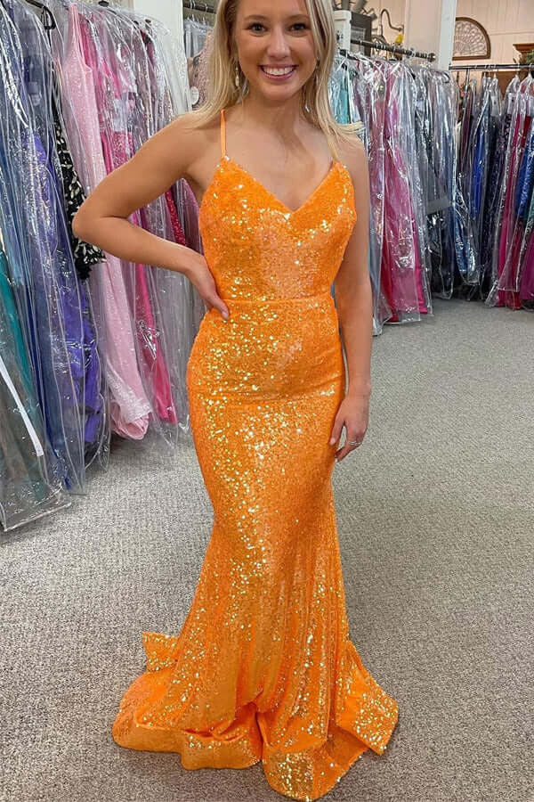 Sparkly Orange V Neck Sequin Long Prom Dress, Mermaid Party Dress