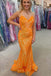 Sparkly Orange V Neck Sequin Long Prom Dress, Mermaid Party Dress