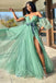 Off the Shoulder Green Lace Higt Slit Long Prom Dress With 3D Floral