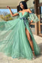 Off the Shoulder Green Lace Higt Slit Long Prom Dress With 3D Floral