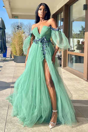 Off the Shoulder Green Lace Higt Slit Long Prom Dress With 3D Floral