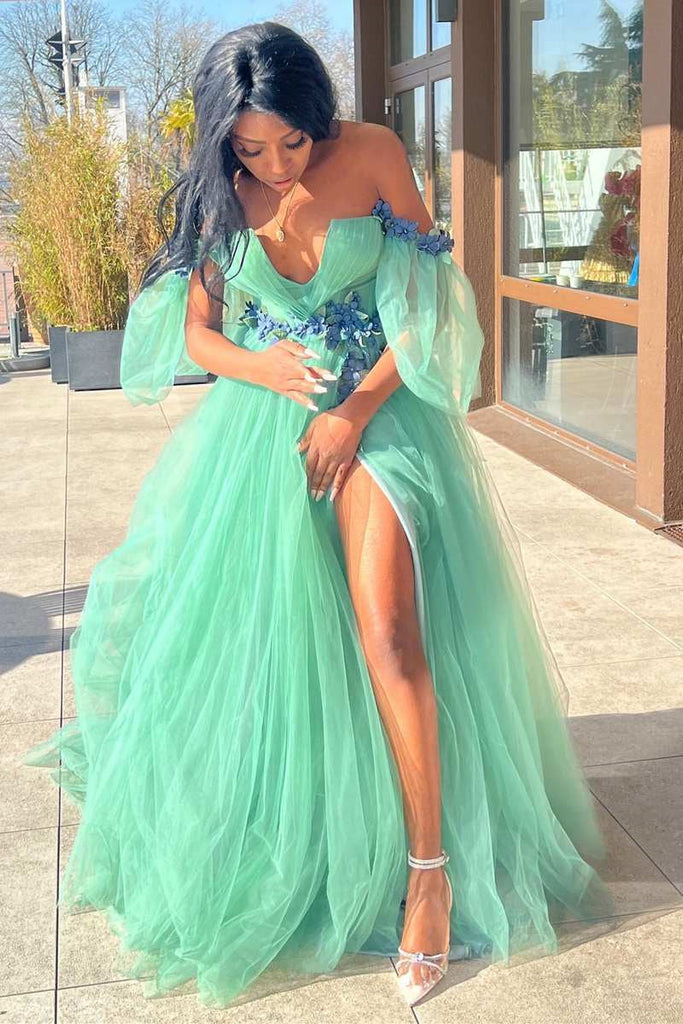 Off the Shoulder Green Lace Higt Slit Long Prom Dress With 3D Floral
