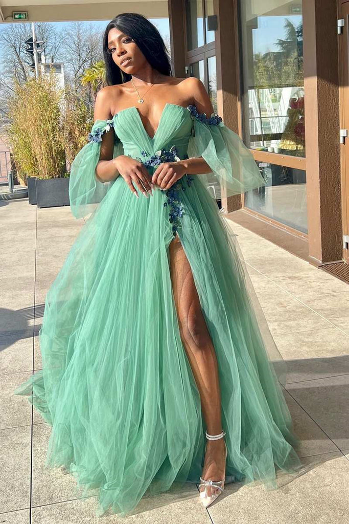 Off the Shoulder Green Lace Higt Slit Long Prom Dress With 3D Floral