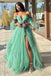 Off the Shoulder Green Lace Higt Slit Long Prom Dress With 3D Floral
