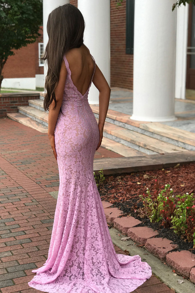 Sexy Mermaid Pink V Neck Lace Backless Long Prom Dress With Beading