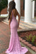 Sexy Mermaid Pink V Neck Lace Backless Long Prom Dress With Beading