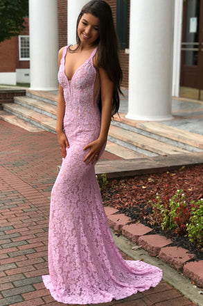 Sexy Mermaid Pink V Neck Lace Backless Long Prom Dress With Beading