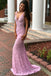 Sexy Mermaid Pink V Neck Lace Backless Long Prom Dress With Beading