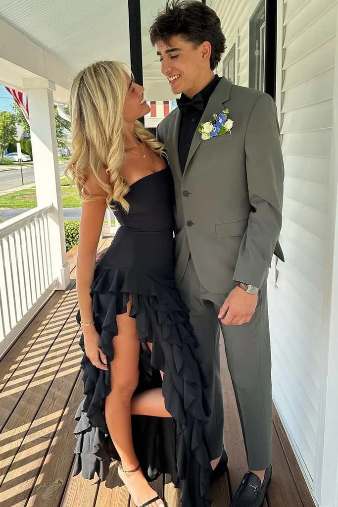 Charming Black Strapless Ruffles Maxi Dress Long Formal Dress with Slit