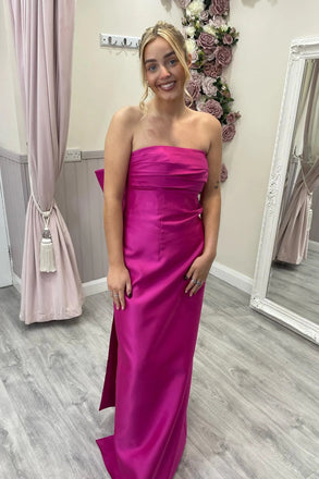 Unique Strapless Fuchsia Sheath Satin Long Bridesmaid with Bow Back