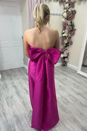Unique Strapless Fuchsia Sheath Satin Long Bridesmaid with Bow Back