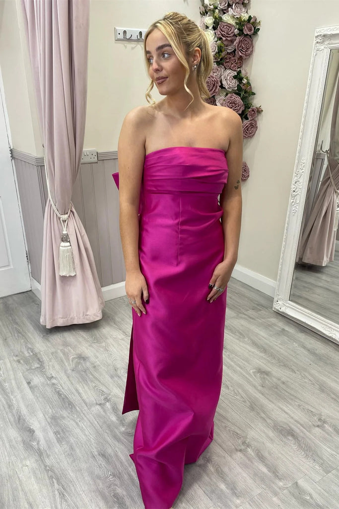 Unique Strapless Fuchsia Sheath Satin Long Bridesmaid with Bow Back