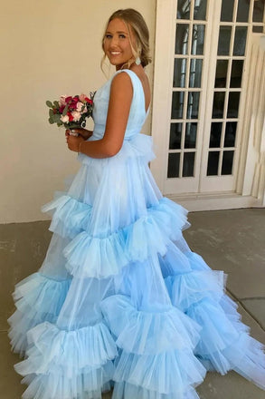 Elegant V Neck Sky Blue A Line Tulle Dress Long Formal Dress with Layers