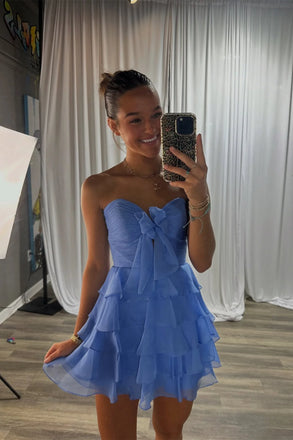 Sweetheart Blue Party Dress Ruched Bodice Homecoming Dress with Bow