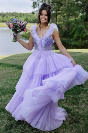 V Neck Lilac Tiered Long Prom Dress with Ruffles, A Line Evening Gown