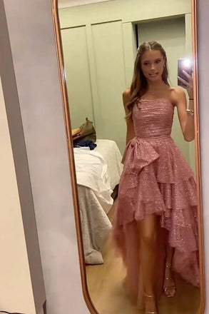 A Line Rose Gold Sequin High-Low Dress with Bowknot, Strapless Evening Gown
