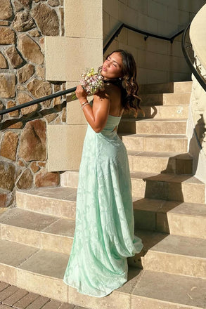Strapless Mint Green Lace Long Prom Dress with Slit, A Line Evening Gown