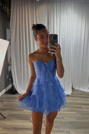 Sweetheart Blue Party Dress Ruched Bodice Homecoming Dress with Bow