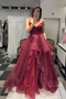 Fuchsia Glitter Tulle Prom Dress, A-Line Tiered Ruffle Ball Gown with Spaghetti Straps