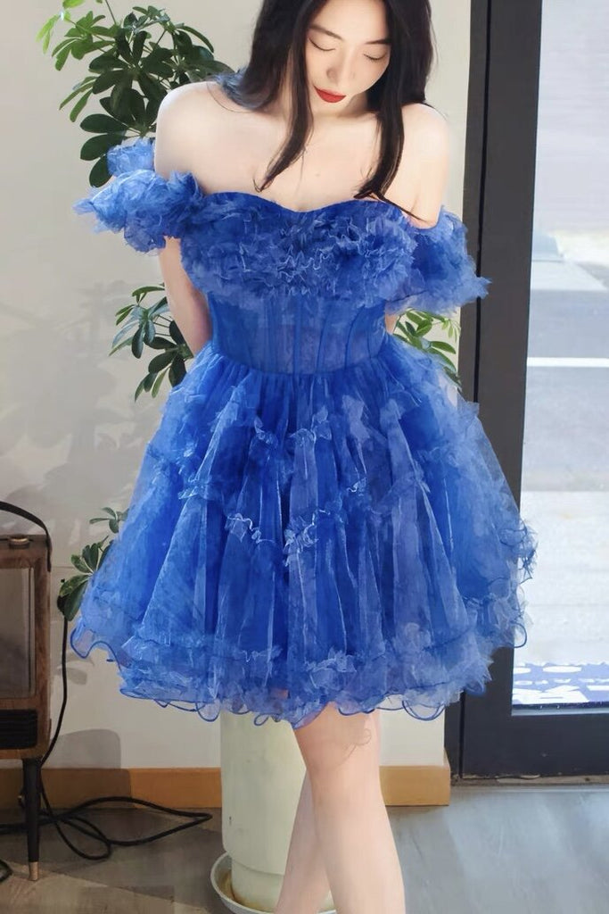 A Line Blue Printed Ruffle Tulle Homecoming Dress With Puff Sleeves