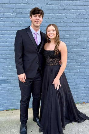 Elegant Black Strapless Lace Bustier Chiffon Evening Gown with Train