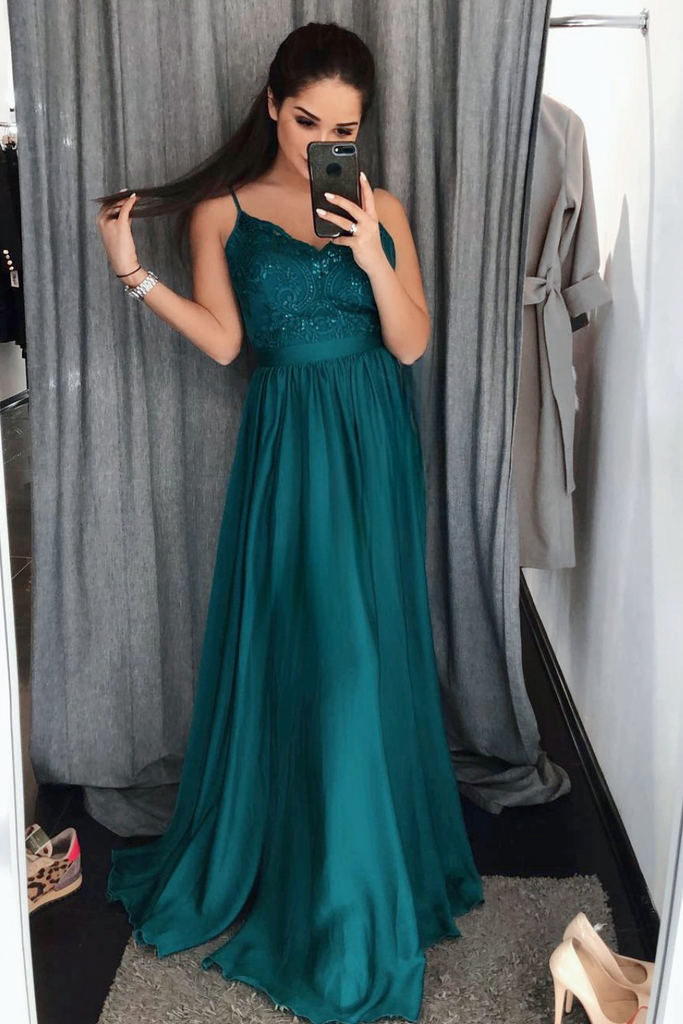 A-line Spaghetti Straps Emerald Green Long Prom Evening Dresses With Slit