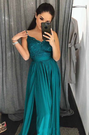 A-line Spaghetti Straps Emerald Green Long Prom Evening Dresses With Slit