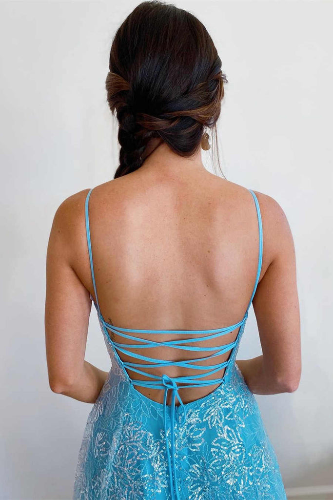 Spaghetti Straps Blue A Line Tulle Princess Long Prom Dress with Applique