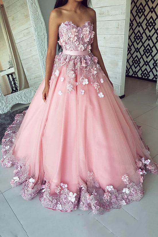 Sweetheart Pink Tulle Long Prom Dresses With 3D Floral Appliques