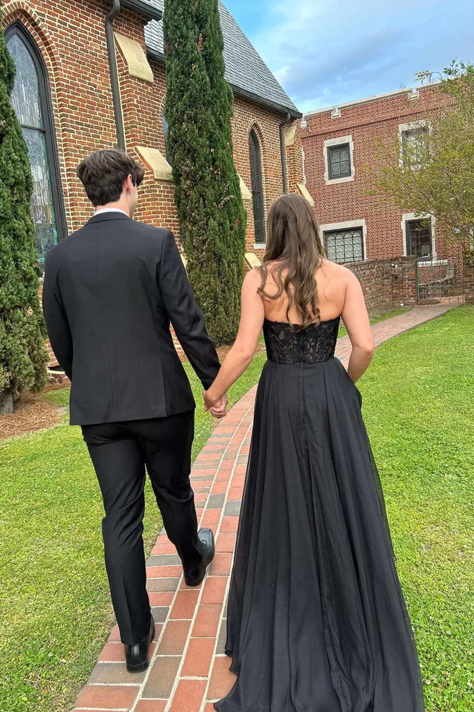 Elegant Black Strapless Lace Bustier Chiffon Evening Gown with Train