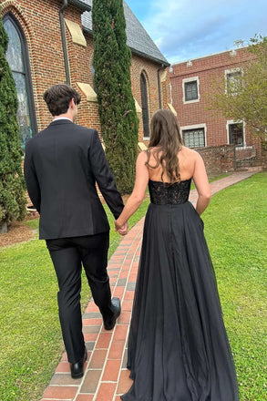 Elegant Black Strapless Lace Bustier Chiffon Evening Gown with Train