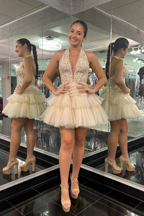 Halter Blue A Line Dress Gold Appliques Short Homecoming Dress with Ruffles