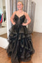 Black Spaghetti Strap Gown with Sequin-Lace Bodice & Voluminous Skirt