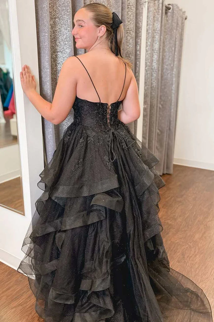 Black Spaghetti Strap Gown with Sequin-Lace Bodice & Voluminous Skirt