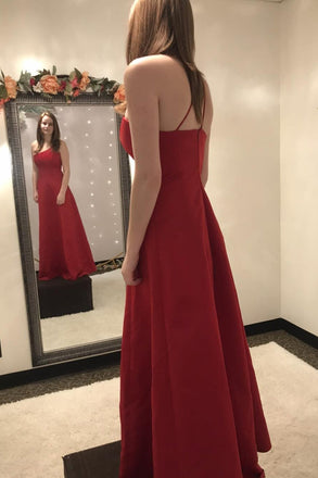 Simple Red One Shoulder Satin Long Prom Dress A Line Formal Dress