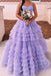 Spaghetti Straps Lavender Tiered Tulle Long Prom Dress With Beading