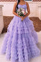 Spaghetti Straps Lavender Tiered Tulle Long Prom Dress With Beading